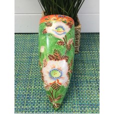 VTG Japan Wall Pocket Moriage Hand Painted Japan Planter Vase GREEN WITH FLOWERS   323389448375